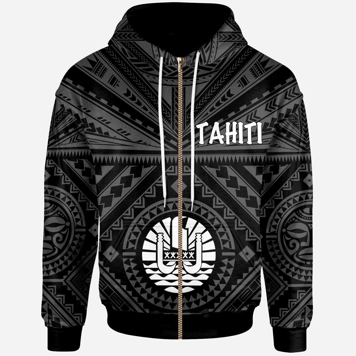 Tahiti Zip up Hoodie Tahiti Seal In Polynesian Tattoo Style (Black) Unisex Black - Polynesian Pride