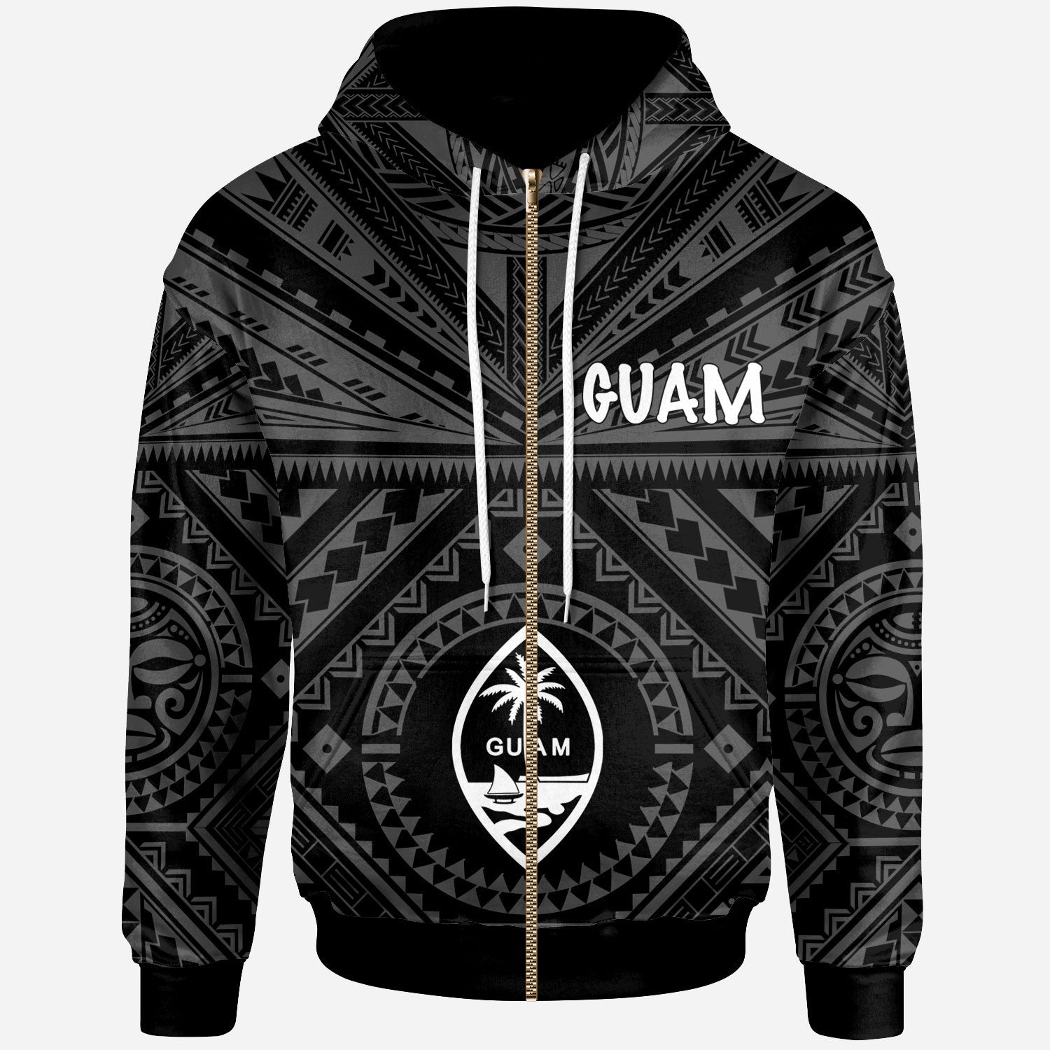 Guam Zip up Hoodie Guam Seal With Polynesian Tattoo Style (Black) Unisex Black - Polynesian Pride
