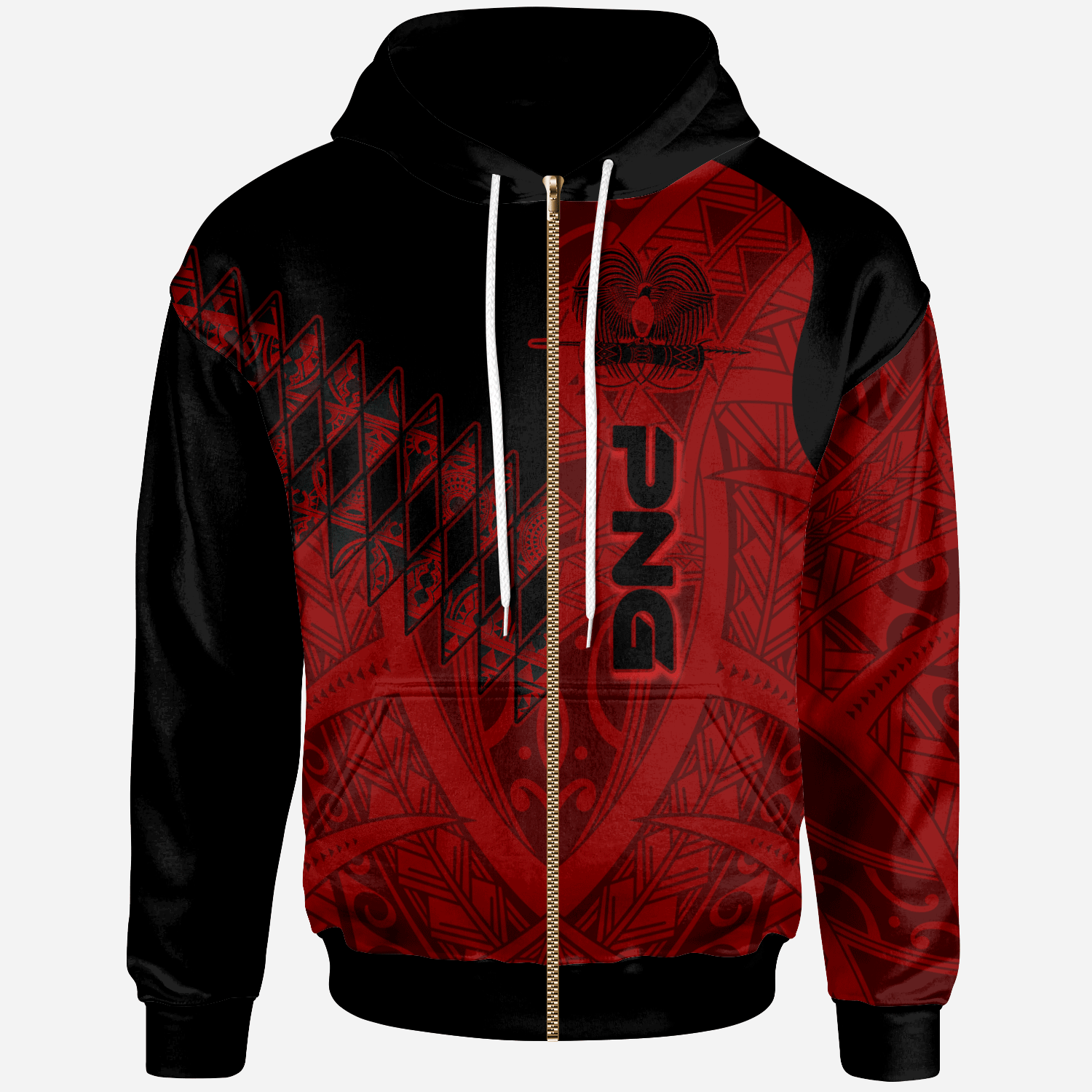 Papua New Guinea Zip Hoodie Red Color Symmetry Style Unisex Black - Polynesian Pride
