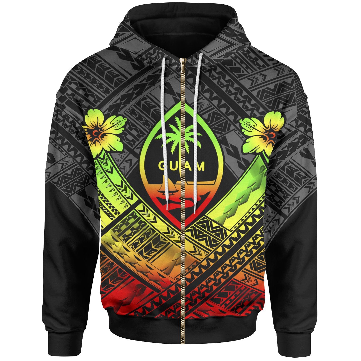 Guam Polynesian Zip up Hoodie Guam Reggae Seal Camisole Hibiscus Style Unisex Reggae - Polynesian Pride
