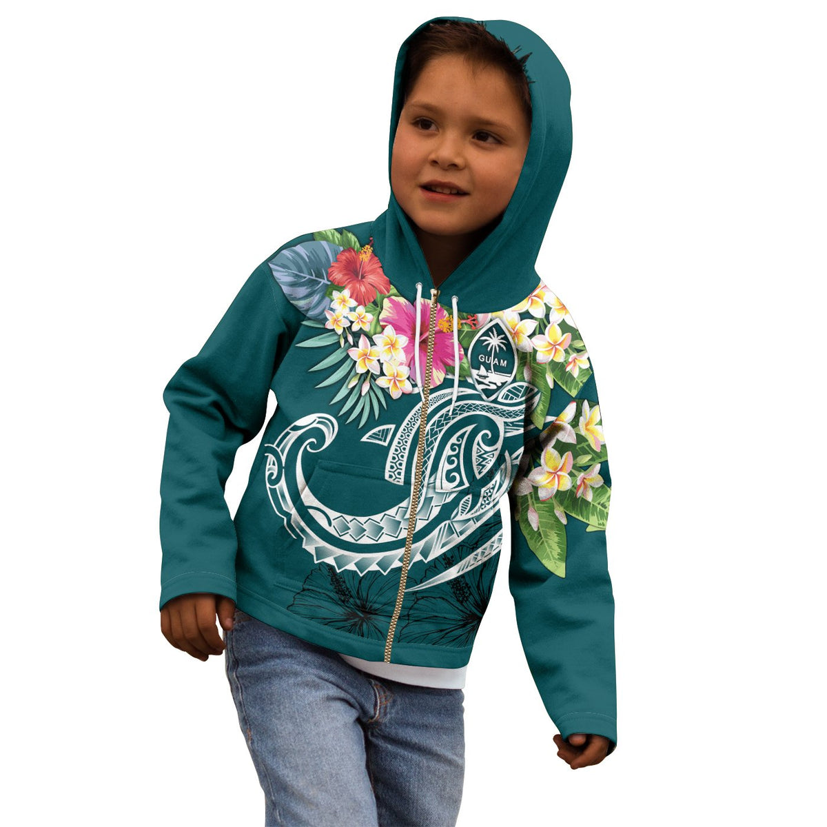 Guam Polynesian Zip up Hoodie Summer Plumeria (Turquoise) - Polynesian Pride