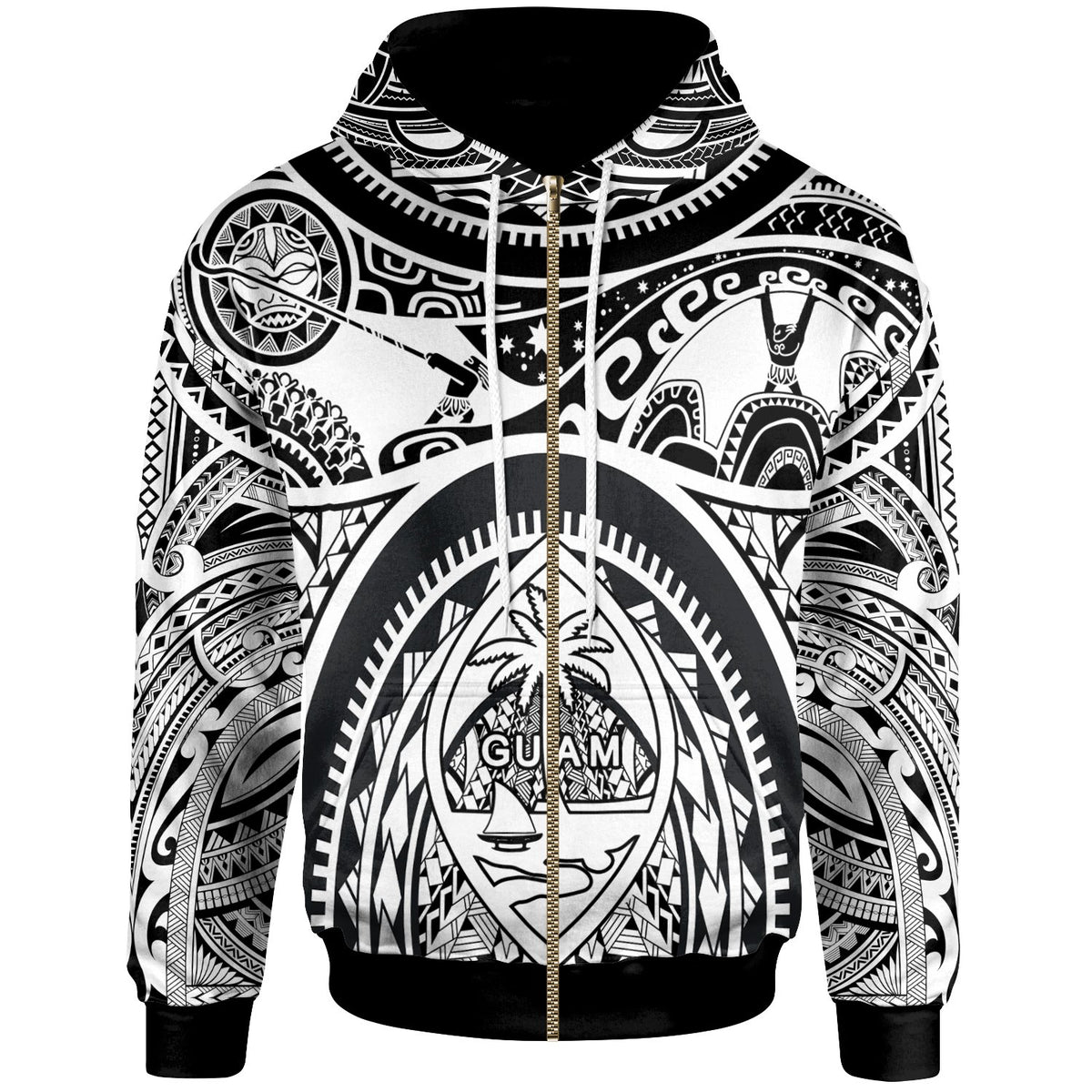 Polynesian Zip up Hoodie Guam Flag, Seal with Maui Moana Tattoo Unisex Reggae - Polynesian Pride