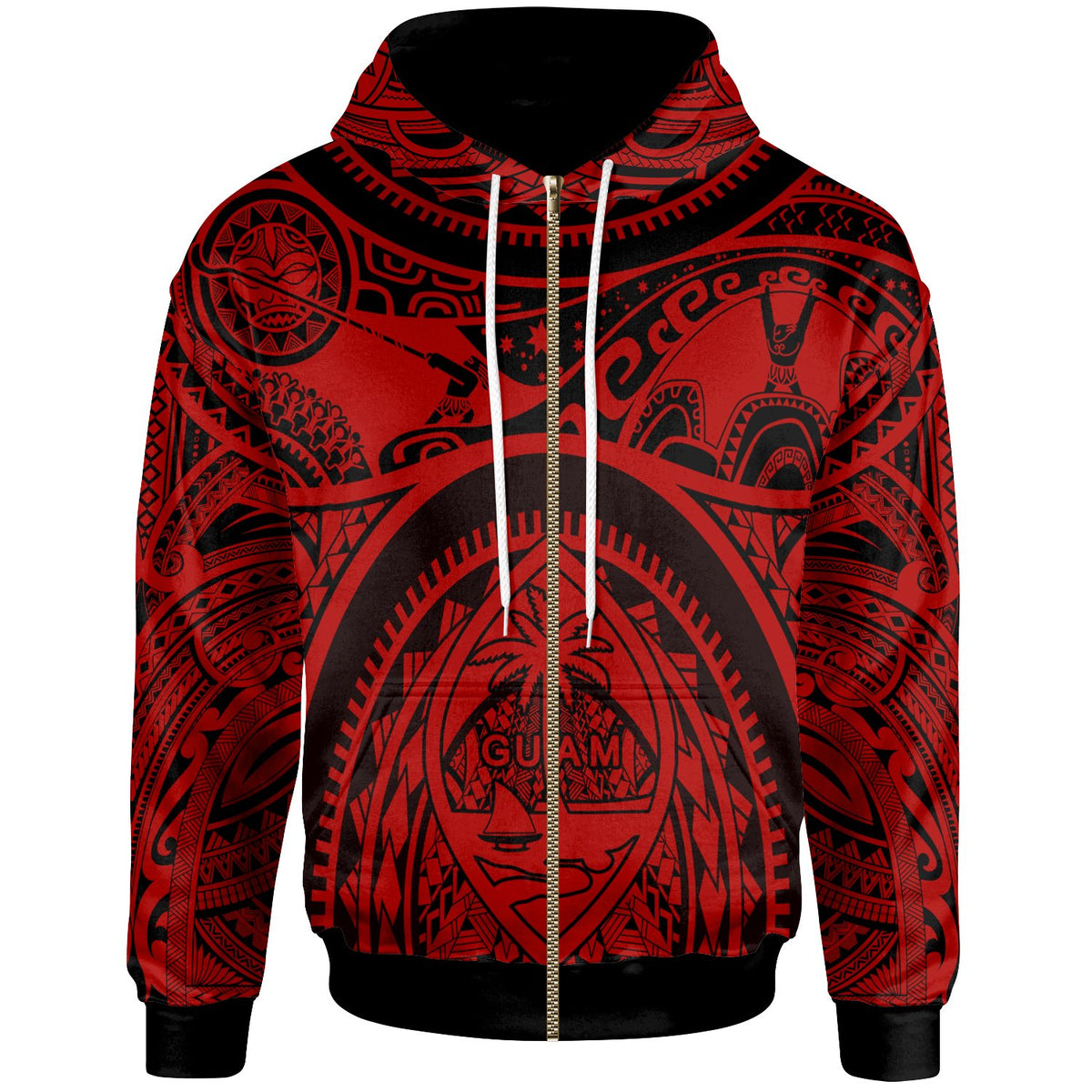 Polynesian Zip up Hoodie Guam Flag, Seal with Maui Moana Tattoo Unisex Red - Polynesian Pride