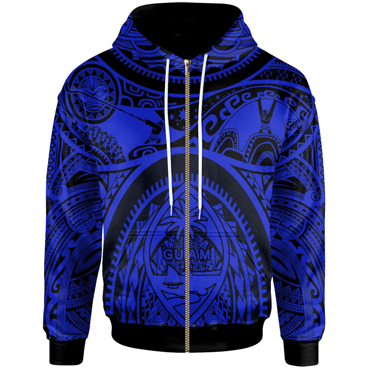 Polynesian Zip up Hoodie Guam Flag, Seal with Maui Moana Tattoo Unisex Blue - Polynesian Pride