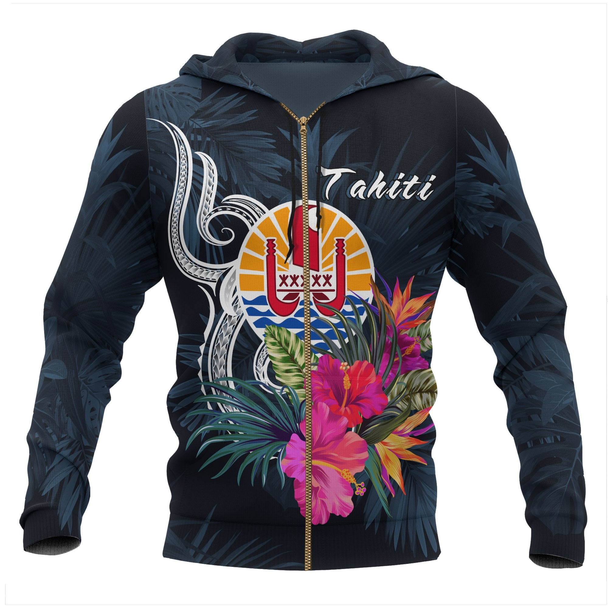 Tahiti Polynesian Zip up Hoodie Tropical Flower Unisex Blue - Polynesian Pride