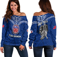 (Custom Personalised) Toa Samoa Rugby Women Off Shoulder Sweatshirt - Samoan Warrior Pride - LT12 Women Off Shoulder Sweater Blue - Polynesian Pride