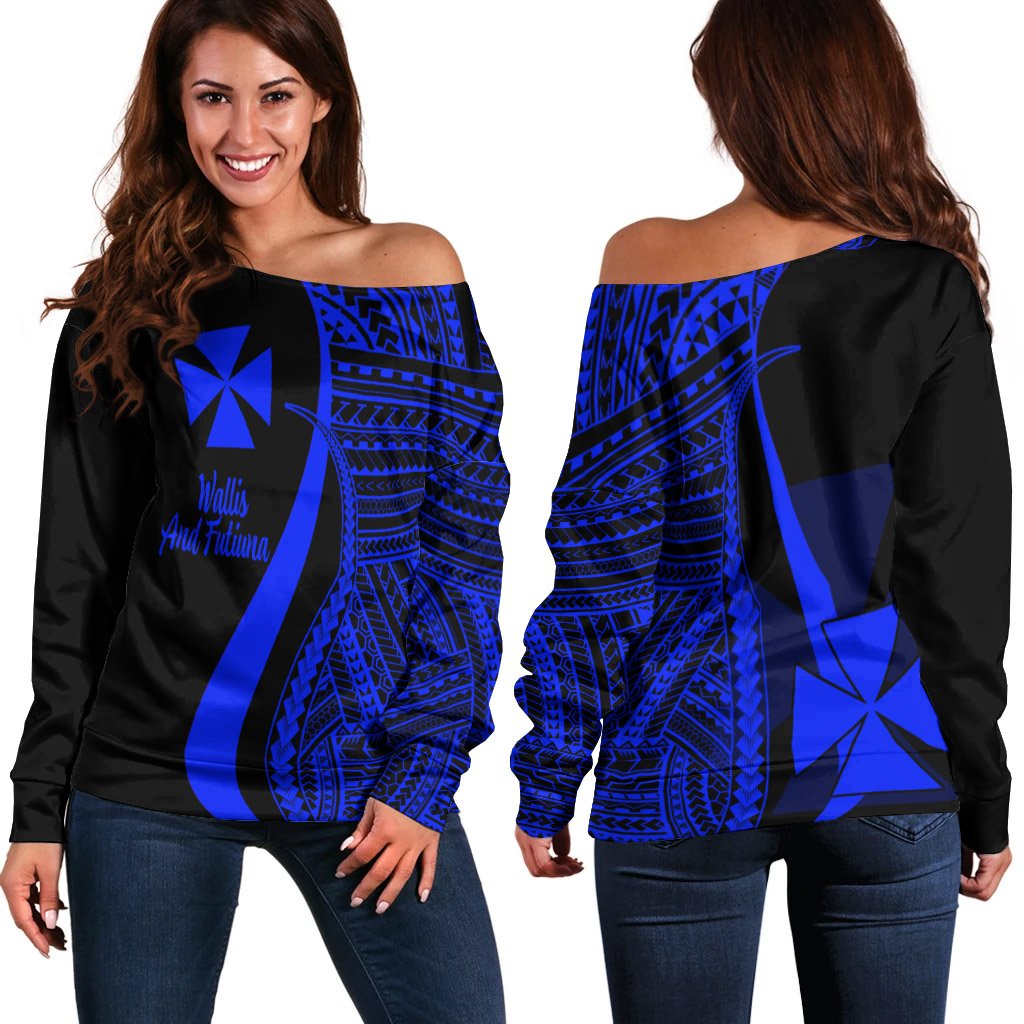Wallis And Futuna Women's Off Shoulder Sweater - Blue Polynesian Tentacle Tribal Pattern Blue - Polynesian Pride