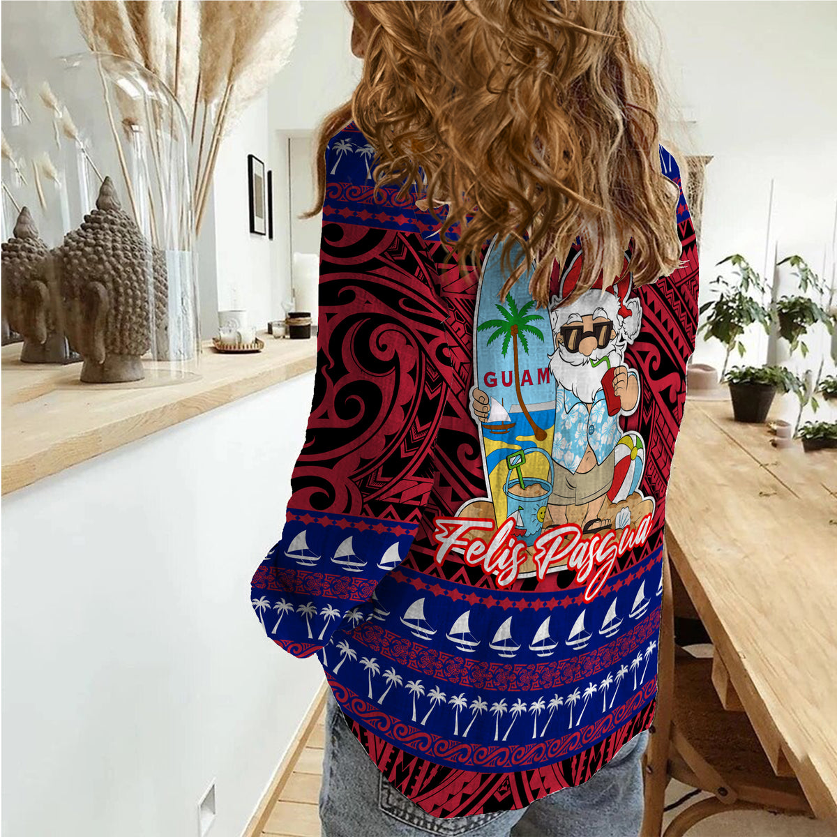 Guam Christmas - Felis Pasgua Santas Guam Surf Board Women Casual Shirt - LT2 - Polynesian Pride