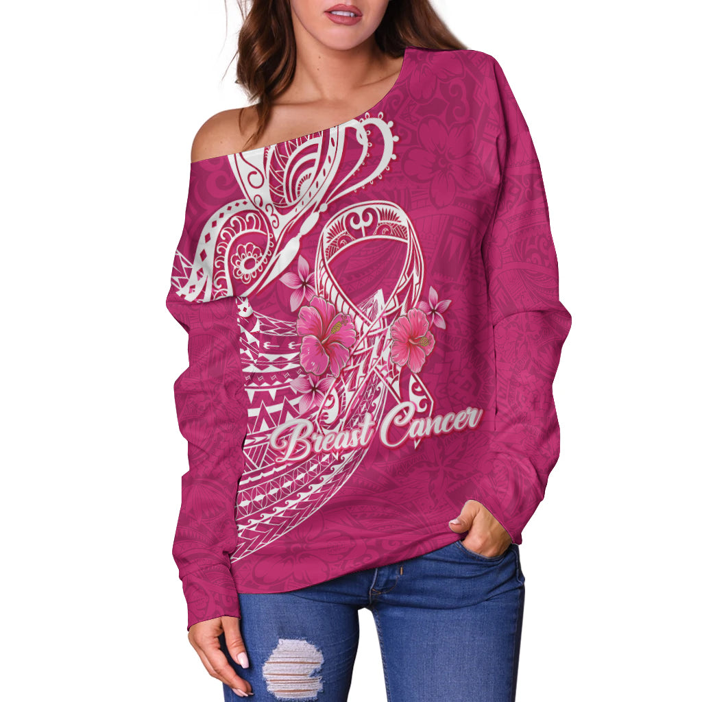(Custom Personalised) Breast Cancer Pink Ribbon Butterfly Polynesian Pink Version Women Off Shoulder Sweater - LT12 - Polynesian Pride