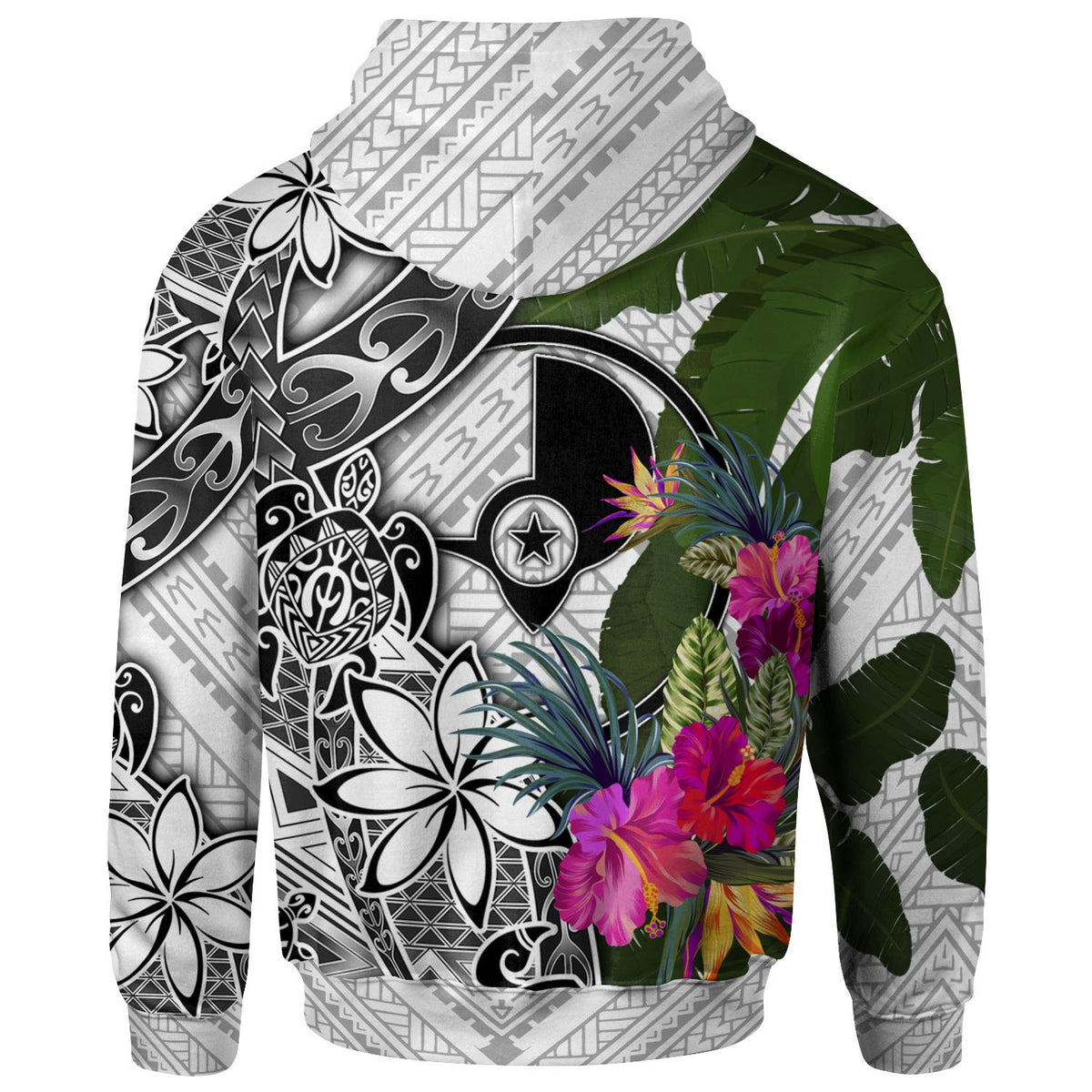 Yap Hoodie White Turtle Plumeria Banana Leaf - Polynesian Pride