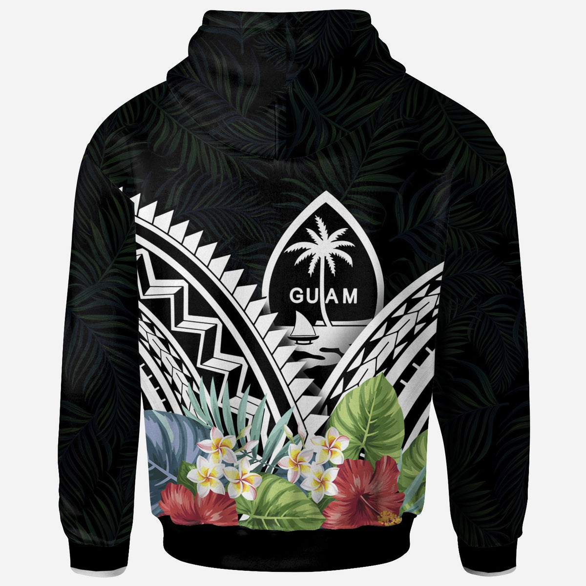 Guam Polynesian Zip up Hoodie Guam Coat of Arms & Polynesian Tropical Flowers White - Polynesian Pride