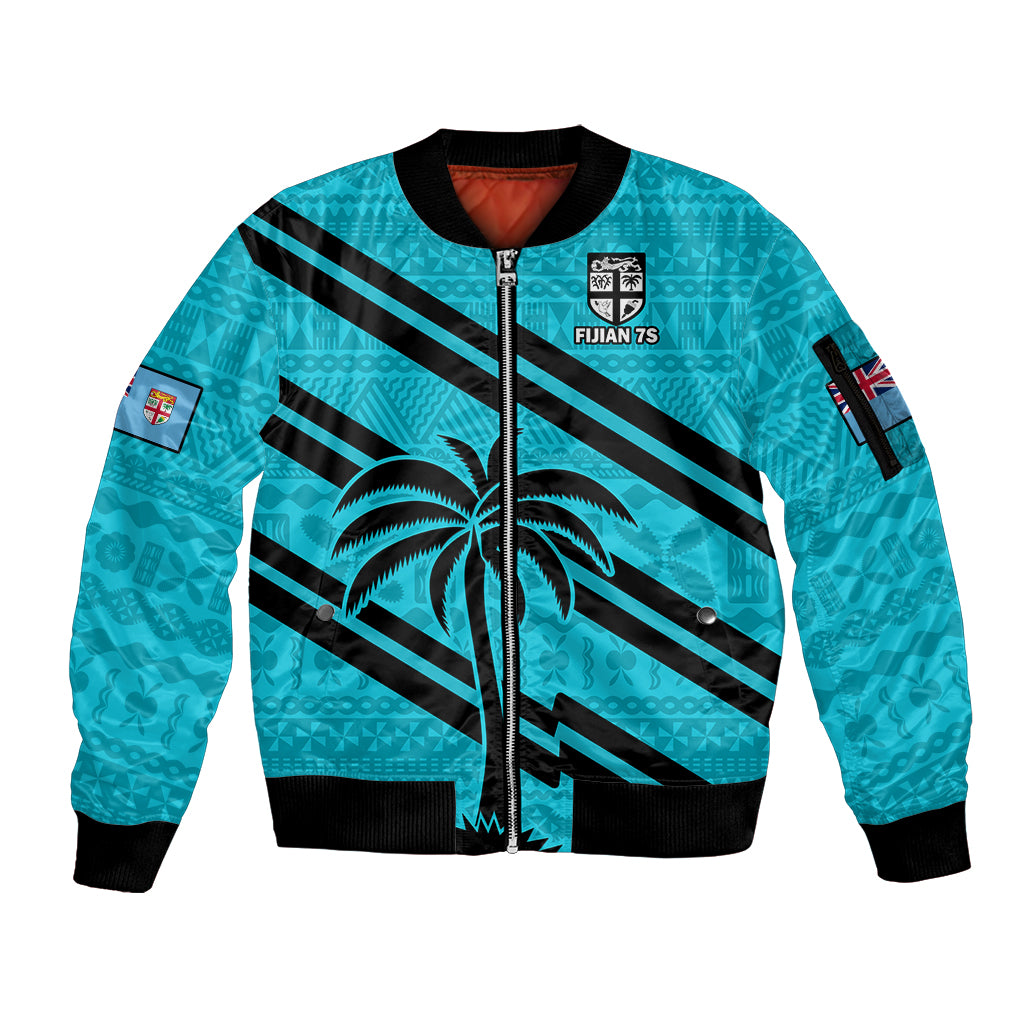 Fiji Rugby Tapa Pattern Fijian 7s Cyan Sleeve Zip Bomber Jacket LT14 Unisex Cyan - Polynesian Pride