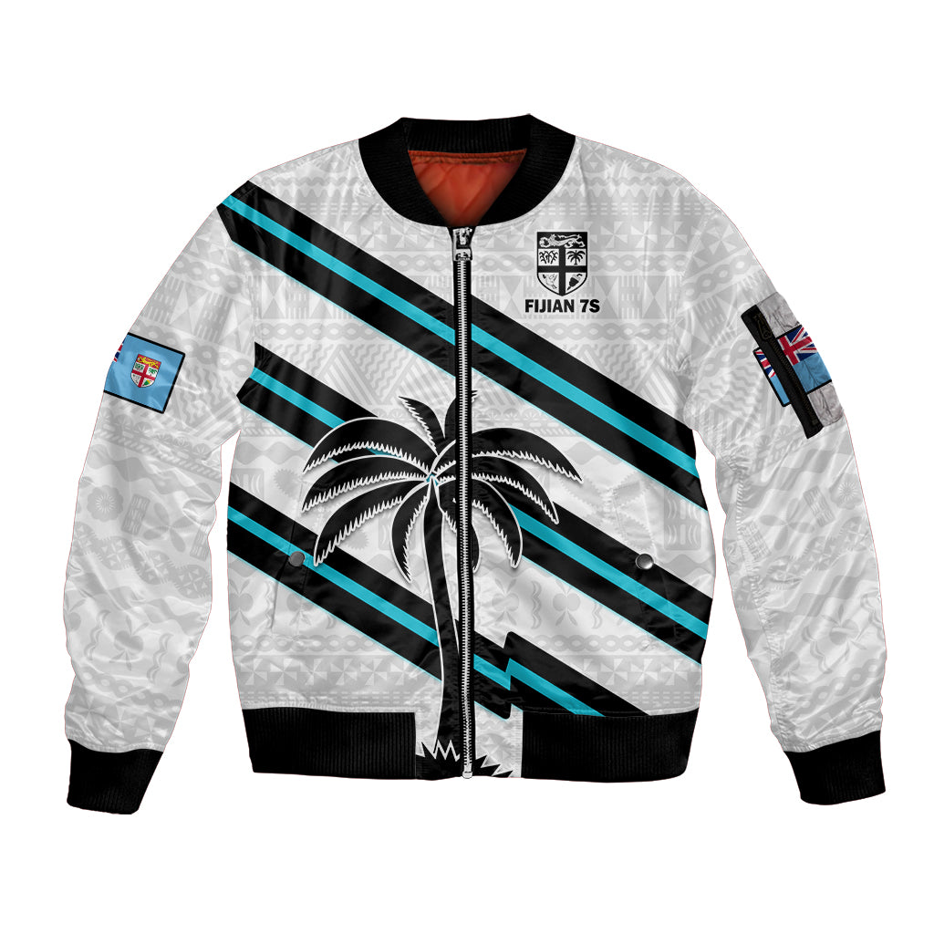 Fiji Rugby Tapa Pattern Fijian 7s White Sleeve Zip Bomber Jacket LT14 Unisex White - Polynesian Pride