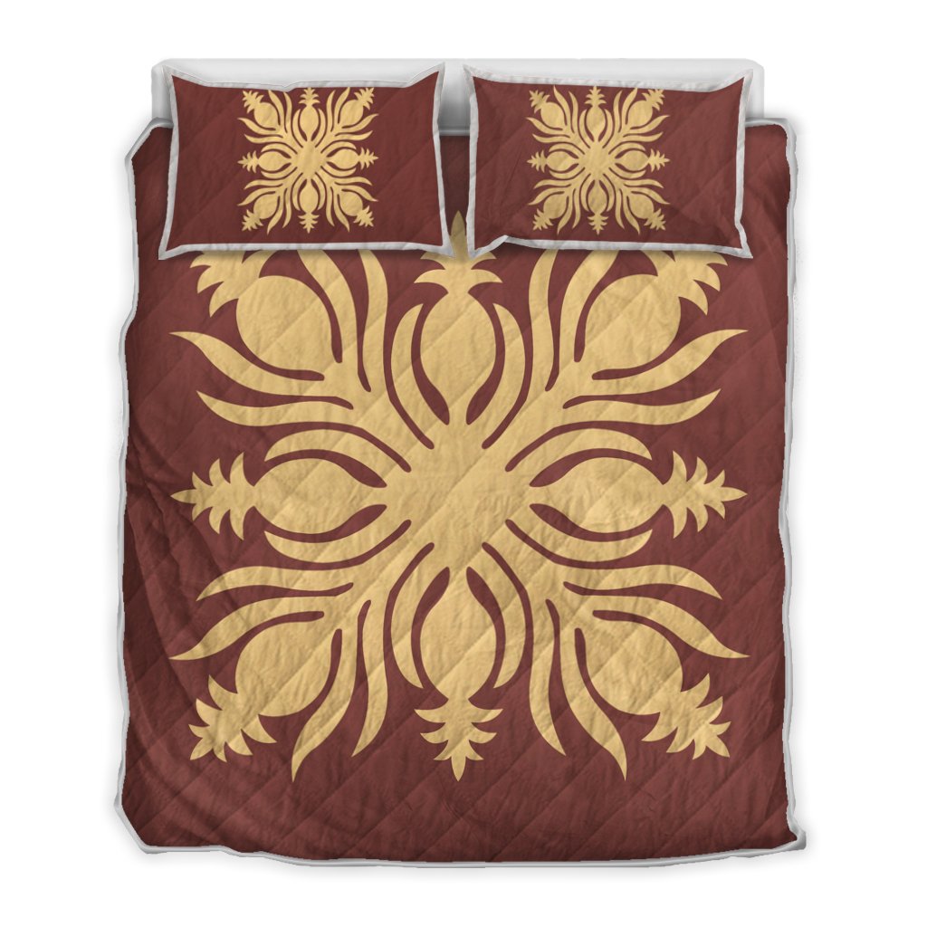 Hawaiian Royal Pattern Quilt Bed Set - Coral - K2 Style - AH Coral - Polynesian Pride