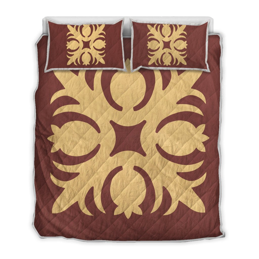Hawaiian Royal Pattern Quilt Bed Set - Coral - I1 Style - AH Coral - Polynesian Pride