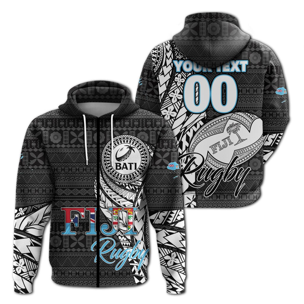 Custom Fiji Rugby Bati Tapa Pattern Hoodie LT2 Zip Hoodie BLACK - Polynesian Pride