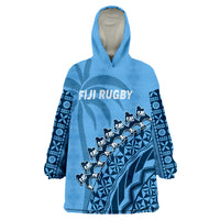 (Custom Text And Number) Fiji Tapa Rugby Fijian Cibi Dance Tapa Pattern Blue Wearable Blanket Hoodie LT14 Unisex One Size - Polynesian Pride