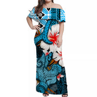 Hammerhead shark Off Shoulder Long Dress Hawaii Style Blue LT6 Long Dress Blue - Polynesian Pride