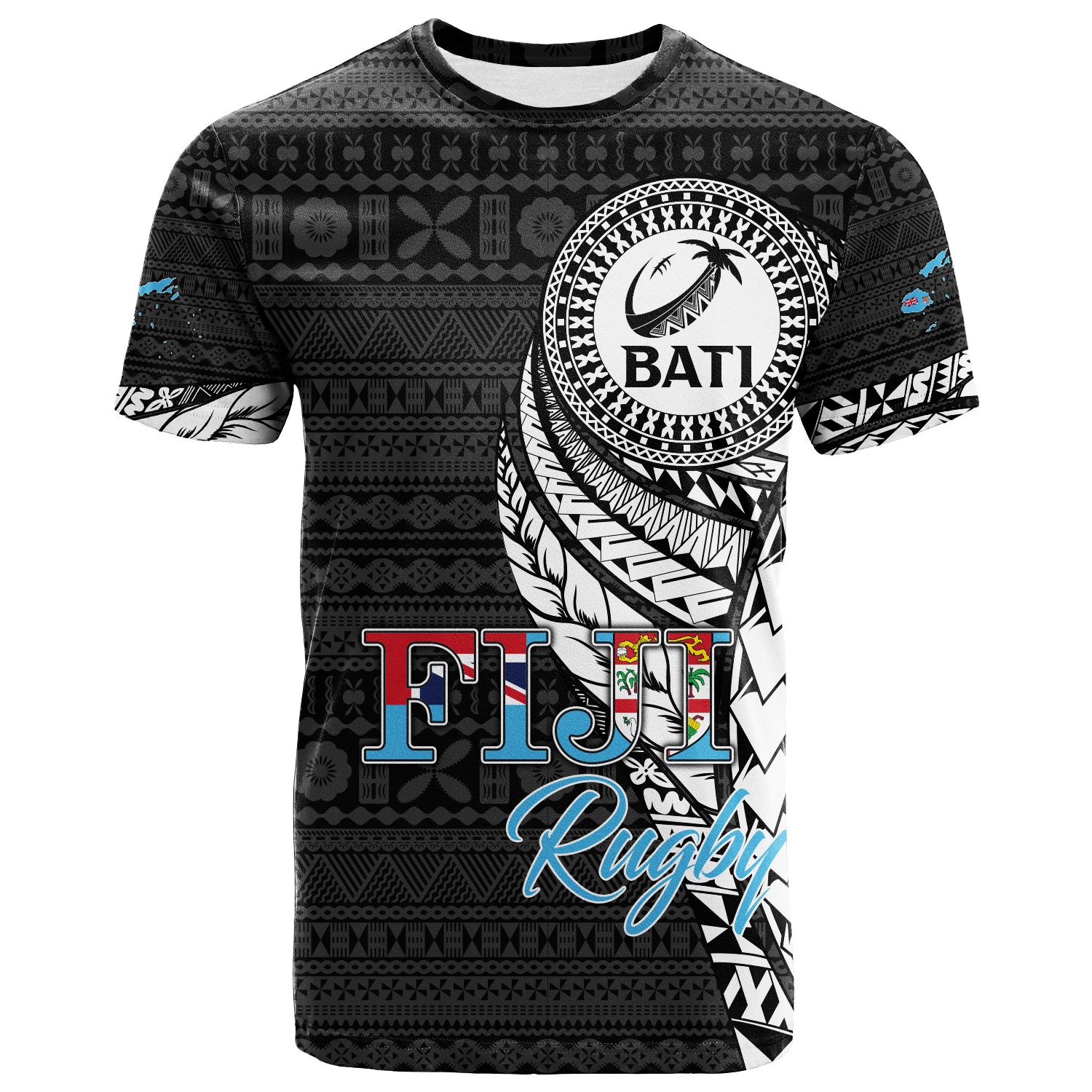 Fiji Rugby Bati Tapa Pattern T Shirt LT2 BLACK - Polynesian Pride