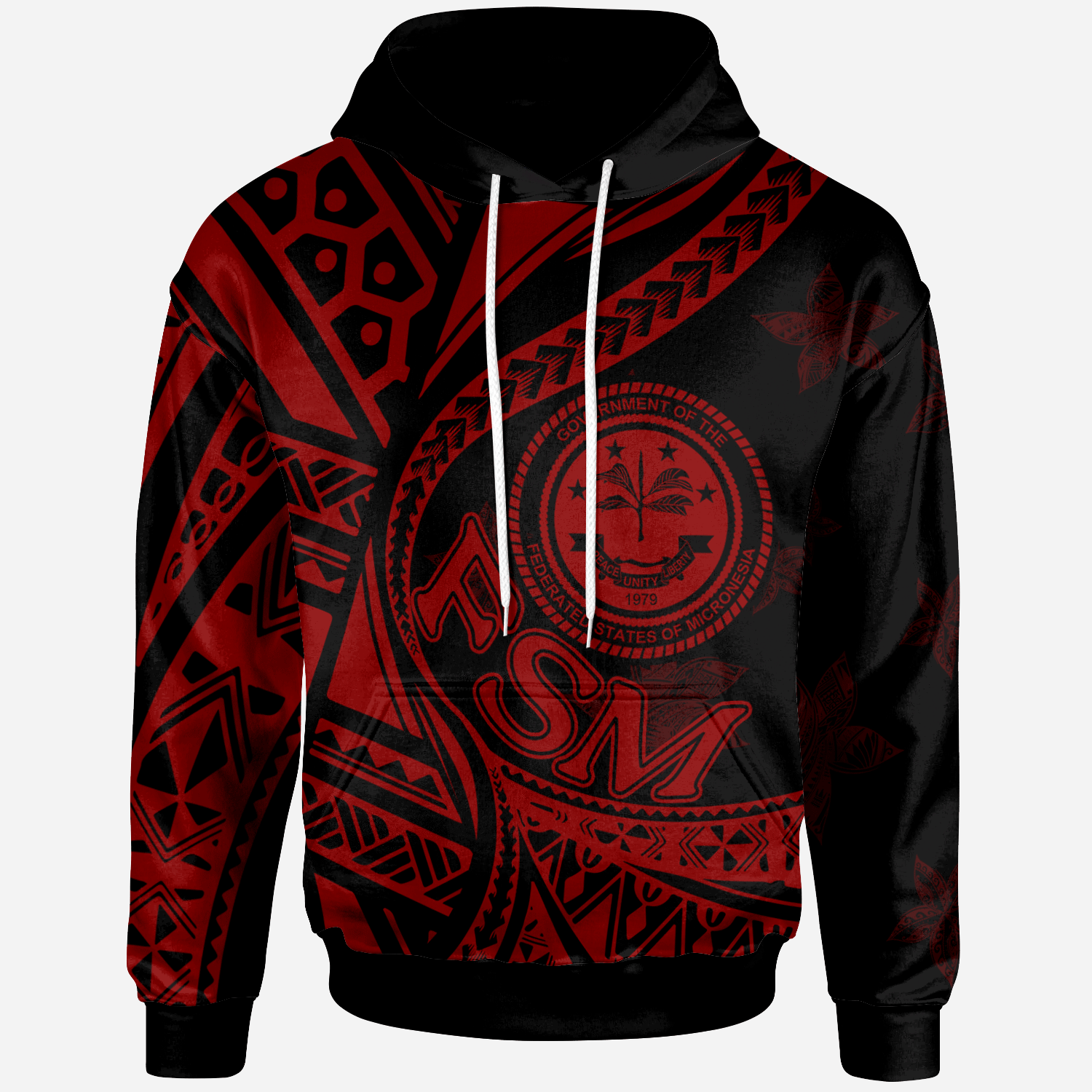 Federated States of Micronesia Hoodie Plumeria Flowers Red Version Unisex Black - Polynesian Pride