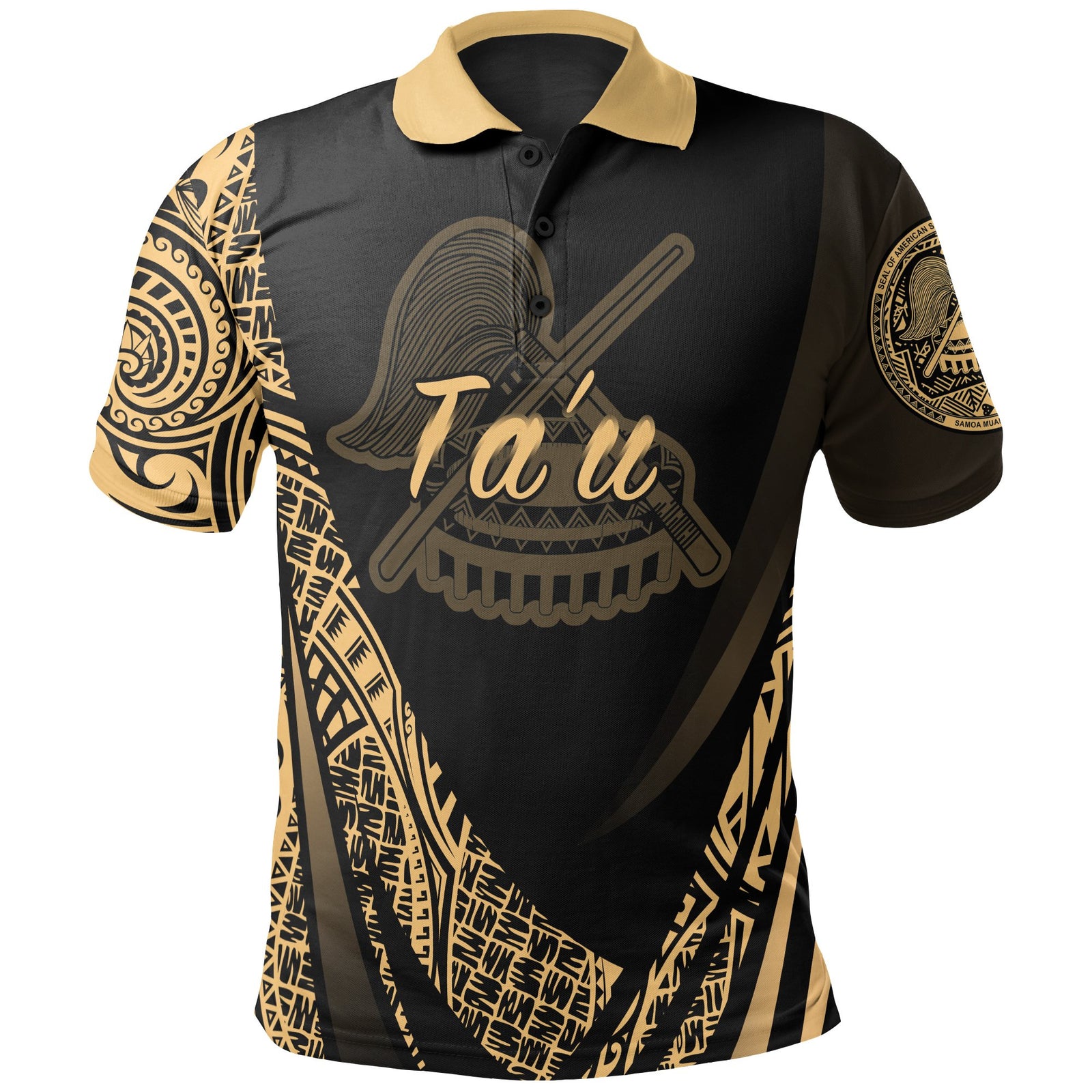 American Samoa Polo Shirt Manua Tau Polynesian Gold Patterns Sport Style Unisex Black - Polynesian Pride