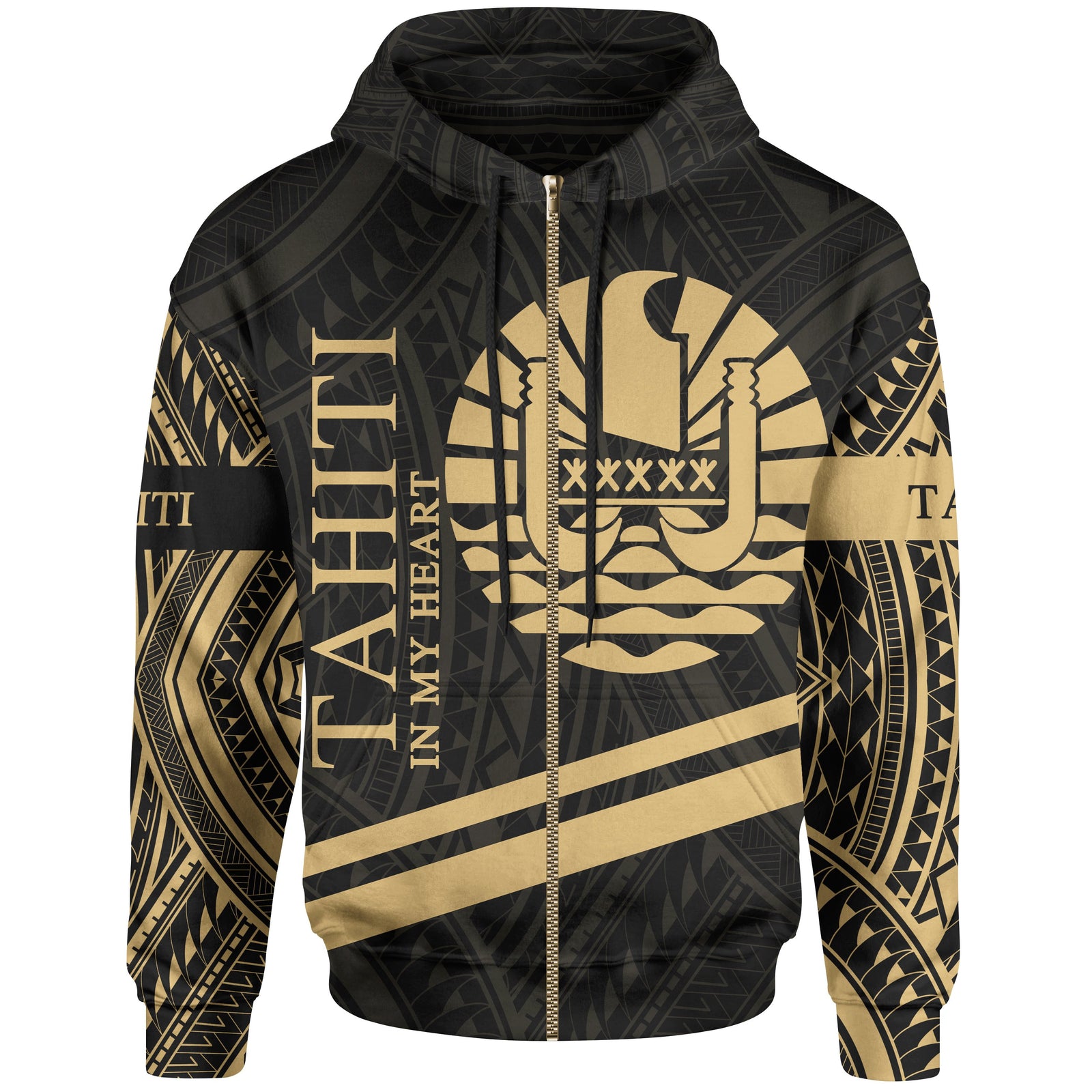 Tahiti Zip Hoodie In My Heart Style Gold Polynesian Patterns Unisex Black - Polynesian Pride