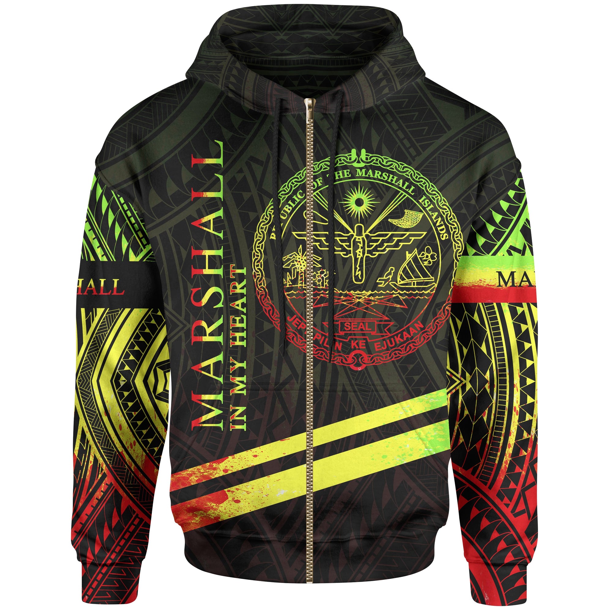 Marshall Islands Zip Hoodie In My Heart Style Reggae Polynesian Patterns Unisex Black - Polynesian Pride