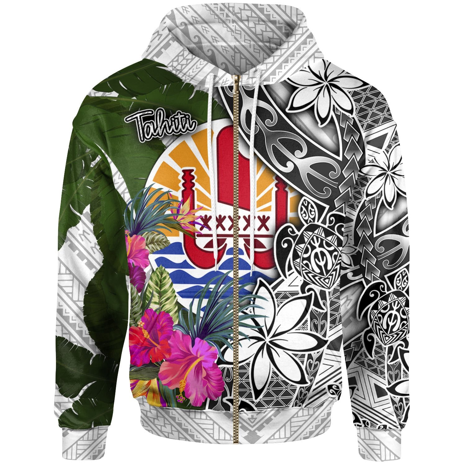 Tahiti Zip up Hoodie White Turtle Plumeria Banana Leaf Unisex White - Polynesian Pride