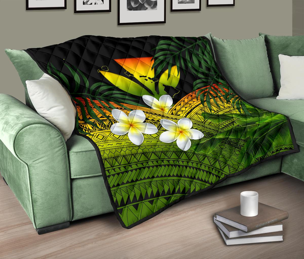 Kanaka Maoli (Hawaiian) Premium Quilt, Polynesian Plumeria Banana Leaves Reggae - Polynesian Pride