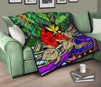 Kanaka Maoli (Hawaiian) Premium Quilt - Polynesian Turtle Colorful And Hibiscus - Polynesian Pride