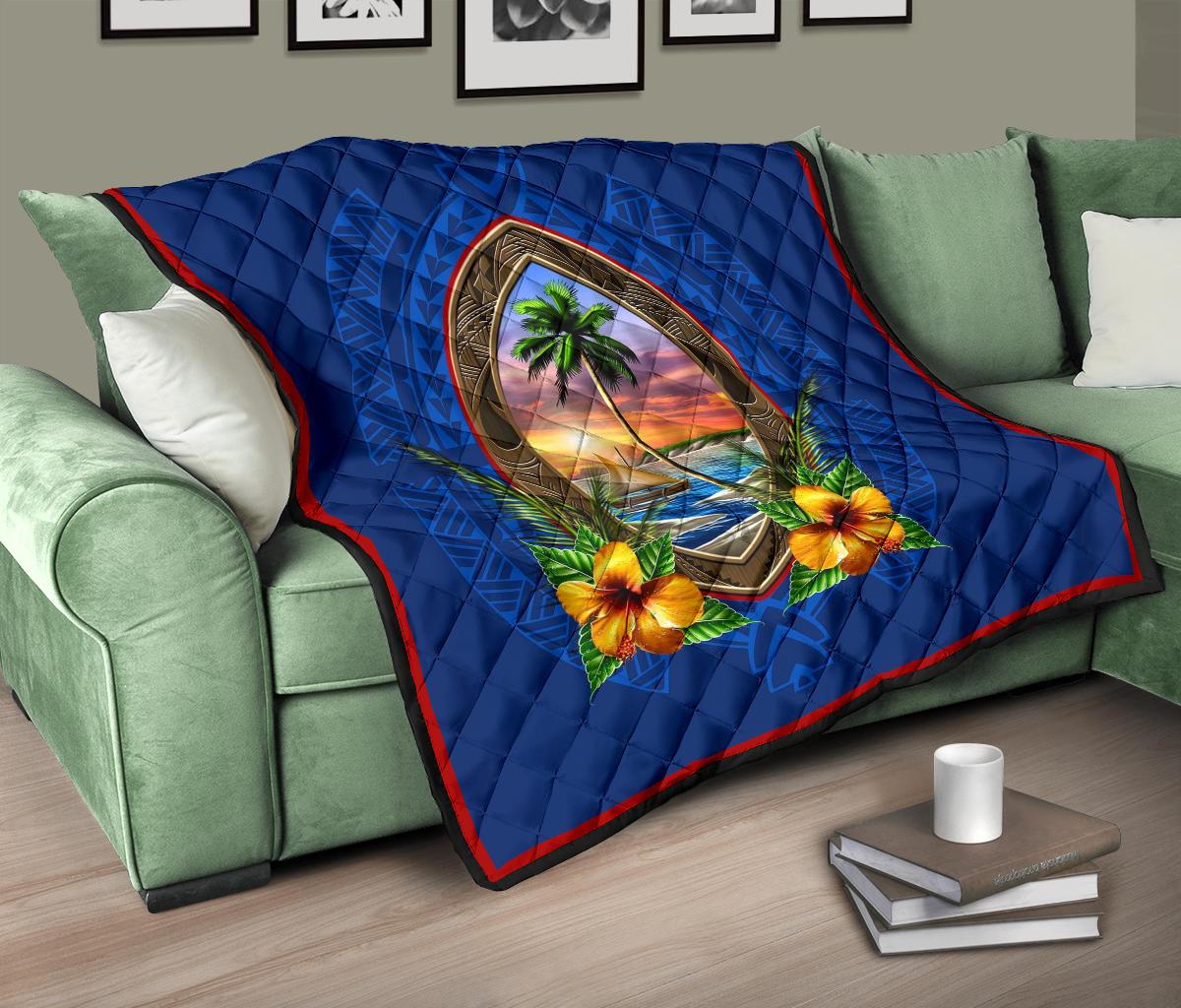 Guam Premium Quilt - Guam Coat Of Arms Hibiscus - Polynesian Pride