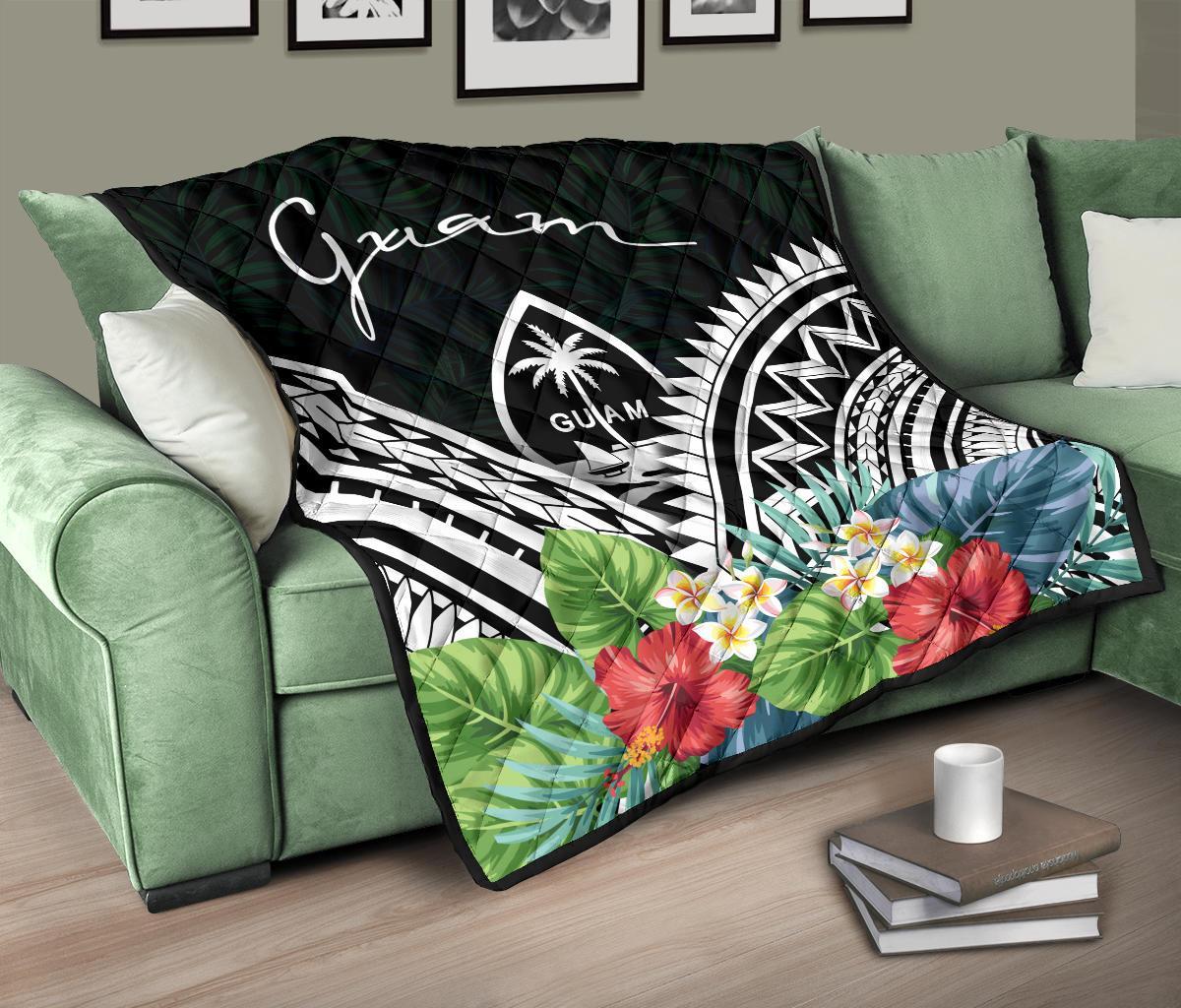 Guam Premium Quilt - Guam Coat of Arms & Polynesian Tropical Flowers White - Polynesian Pride