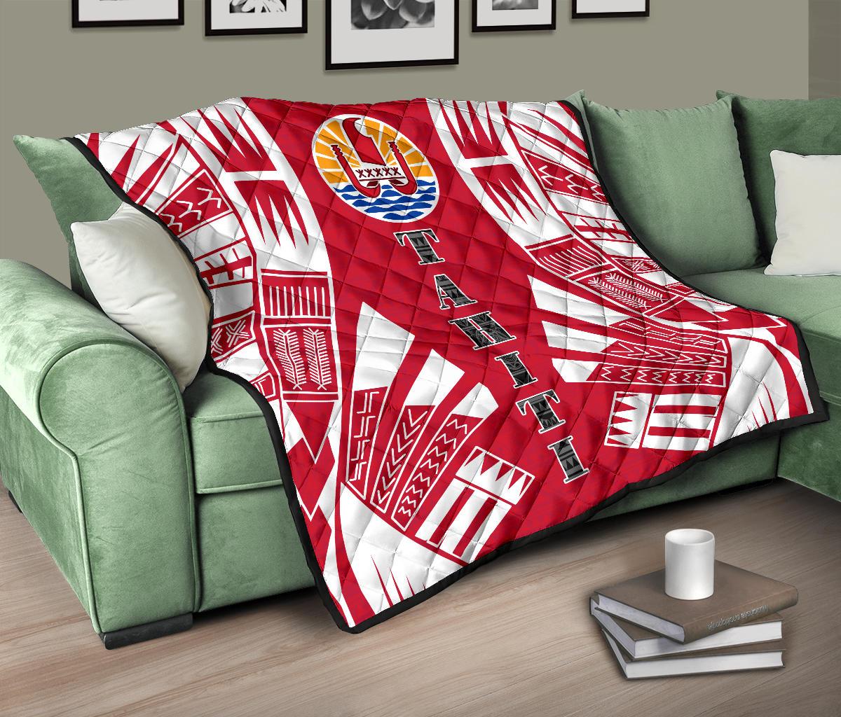 Tahiti Premium Quilt - Tahiti Flag Polynesian White Tattoo (Red) - Polynesian Pride