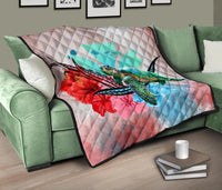Hawaii Map Kanaka Sea Turtle Hibiscus Premium Quilt - AH - Blue Pink - Polynesian Pride