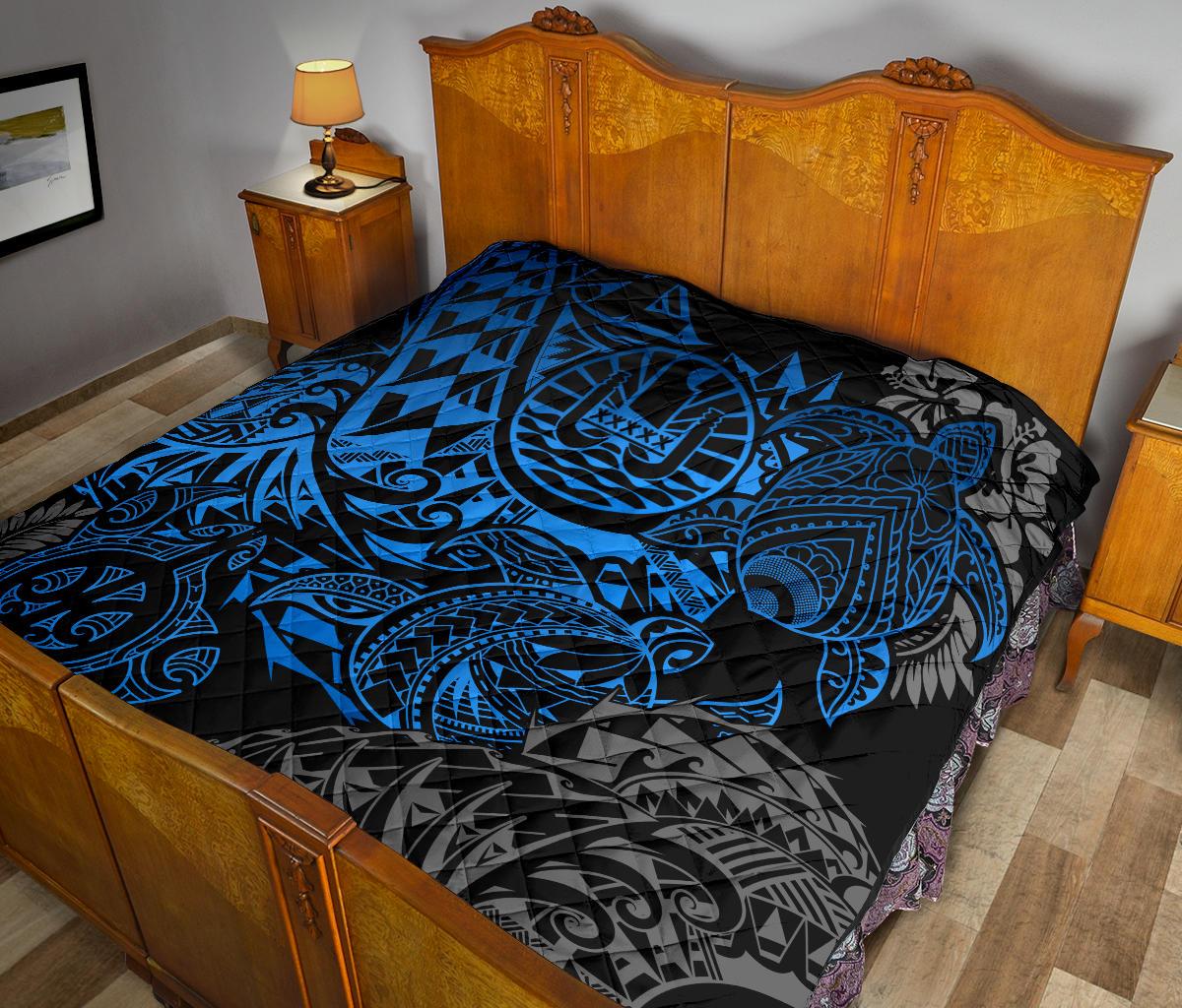 Tahiti Polynesian Premium Quilt - Blue Turtle Hibiscus Flowing - Polynesian Pride