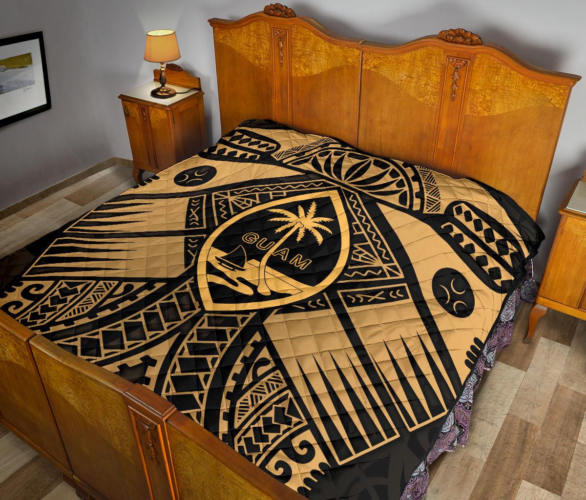Guam Polynesian Premium Quilt - Guam Gold Seal with Polynesian Tattoo - Polynesian Pride