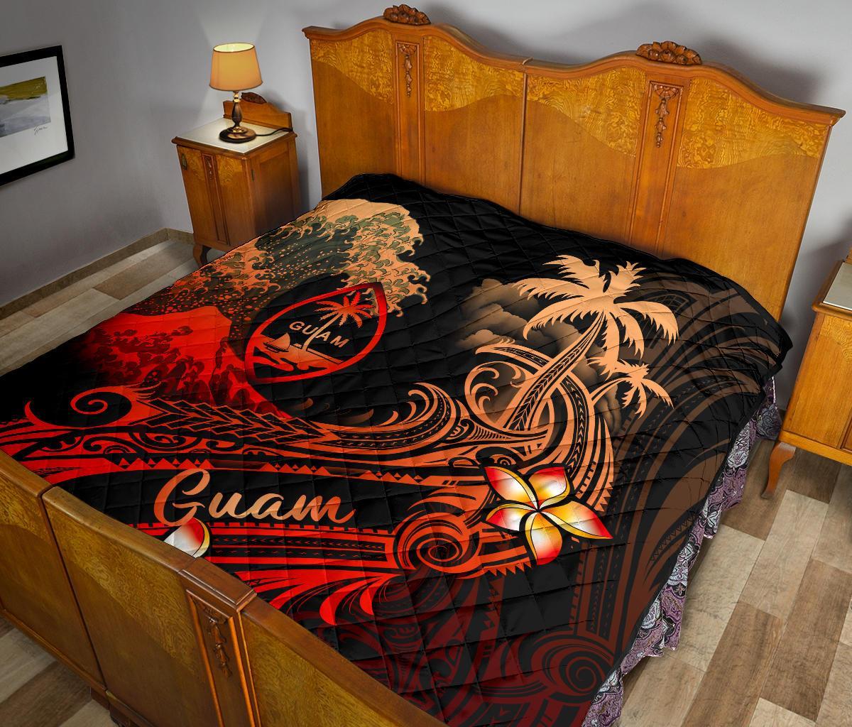 Guam Polynesian Premium Quilt - Plumeria Flowers And Waves - Polynesian Pride