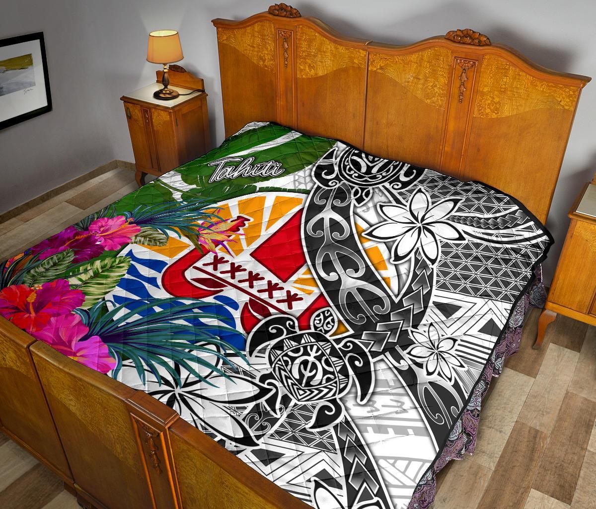 Tahiti Premium Quilt White - Turtle Plumeria Banana Leaf - Polynesian Pride