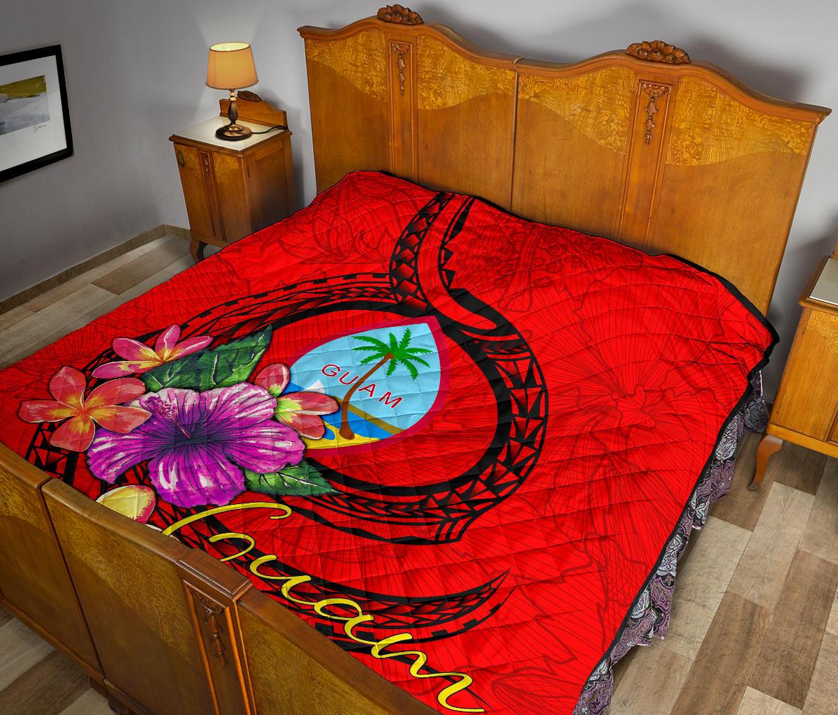 Guam Polynesian Premium Quilt - Floral With Seal Red - Polynesian Pride