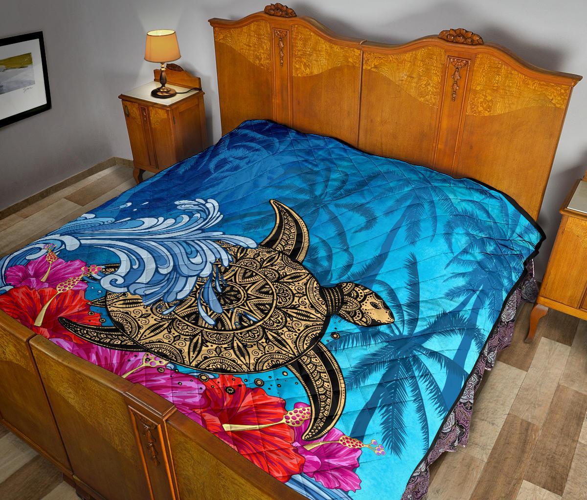 Hawaii Sea Turtle Hibiscus Coconut Tree Premium Quilt - Polynesian Pride