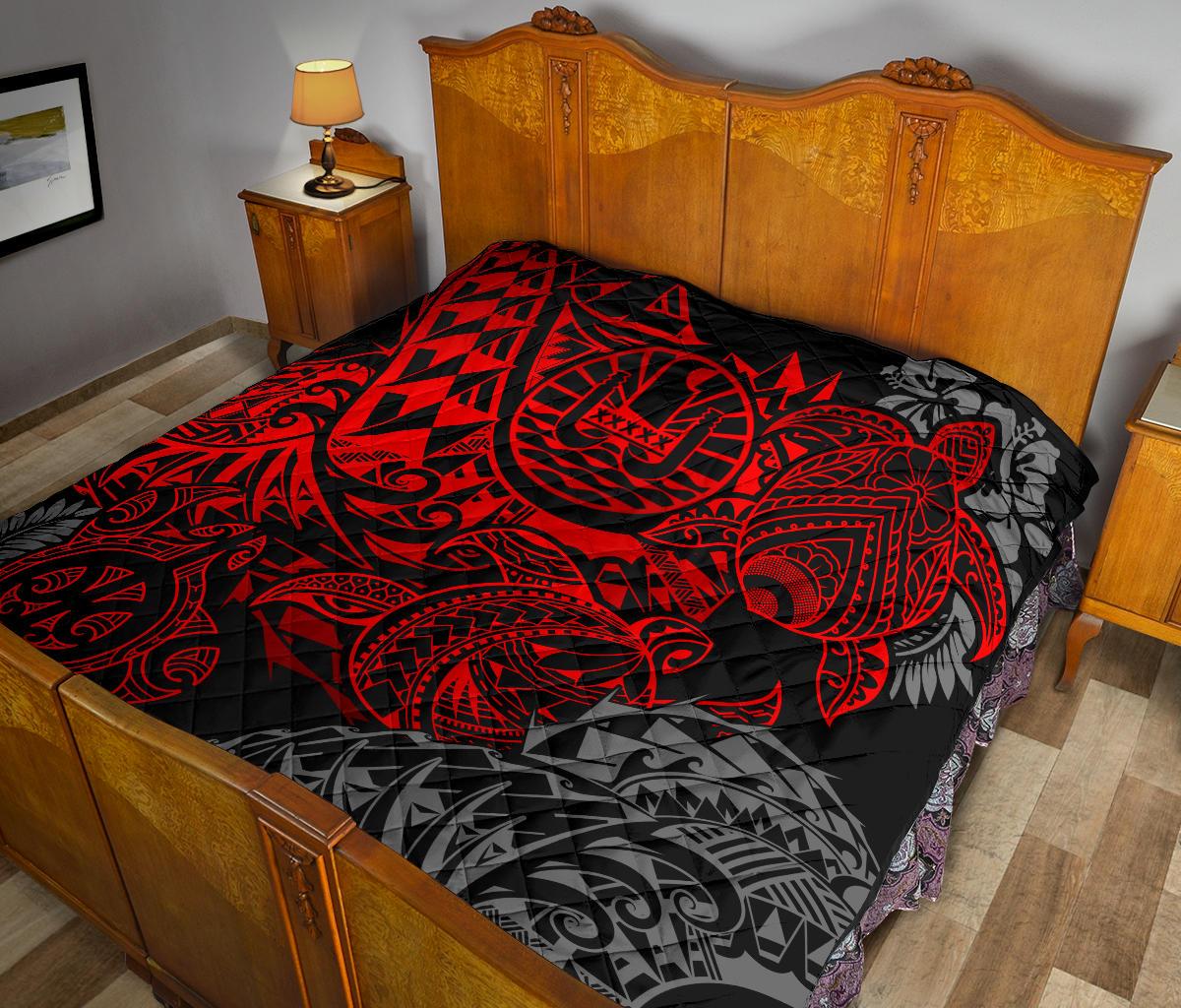 Tahiti Polynesian Premium Quilt - Red Turtle Hibiscus Flowing - Polynesian Pride