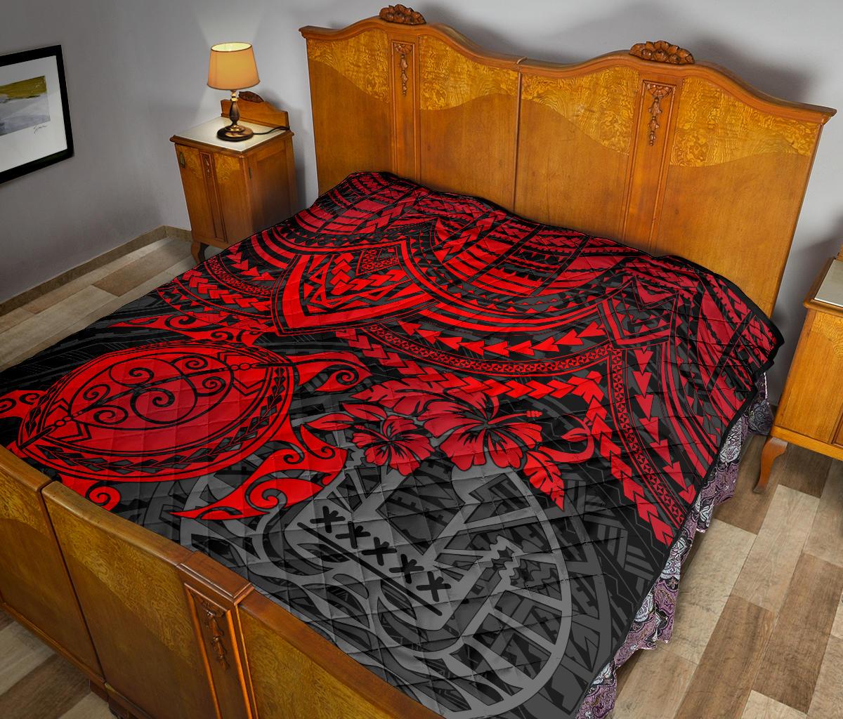 Tahiti Polynesian Premium Quilt - Tahiti Flag & Red Turtle Hibiscus - Polynesian Pride