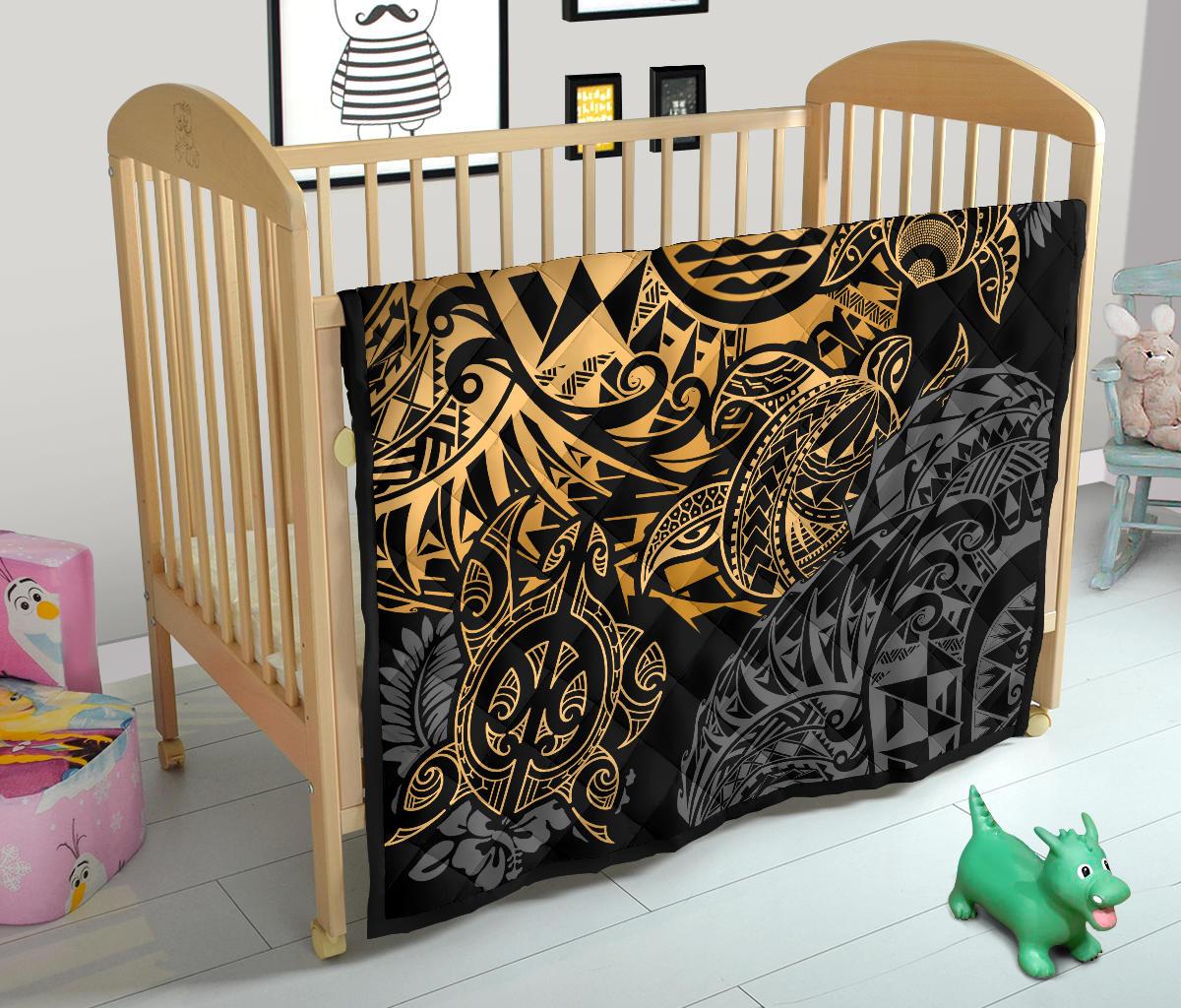 Tahiti Polynesian Premium Quilt - Gold Turtle HibiscusFlowing - Polynesian Pride