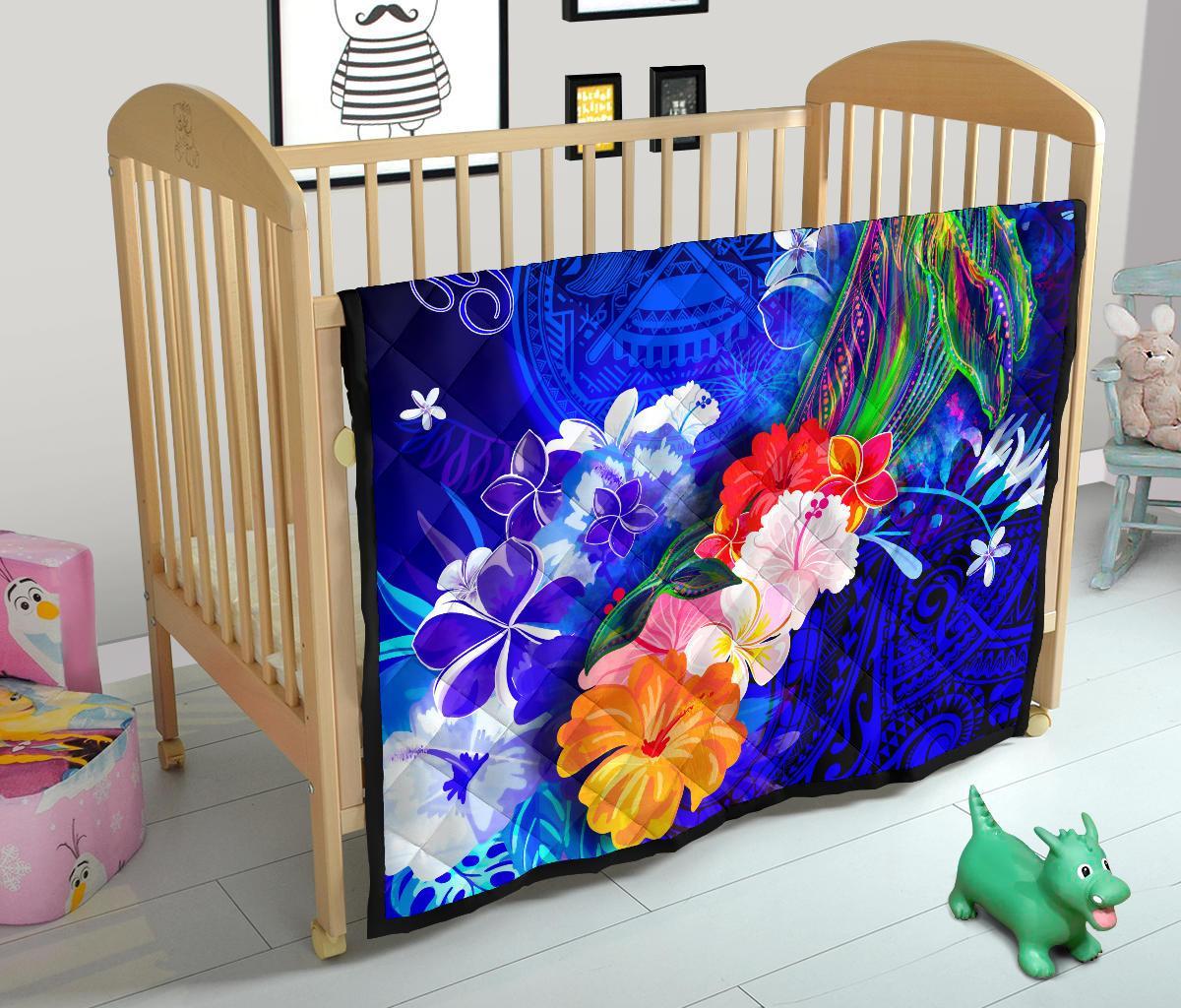 American Samoa Polynesian Custom Personalised Premium Quilt - Humpback Whale with Tropical Flowers - Polynesian Pride