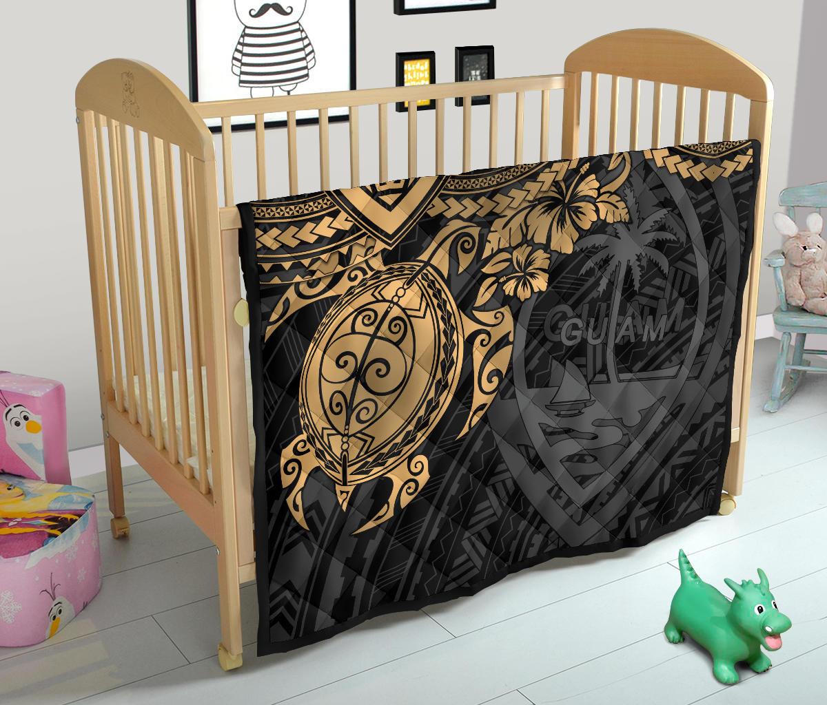 Guam Polynesian Premium Quilt - Guam Coat Of Arms & Golden Turtle Hibiscus - Polynesian Pride