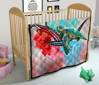 Hawaii Map Kanaka Sea Turtle Hibiscus Premium Quilt - AH - Blue Pink - Polynesian Pride