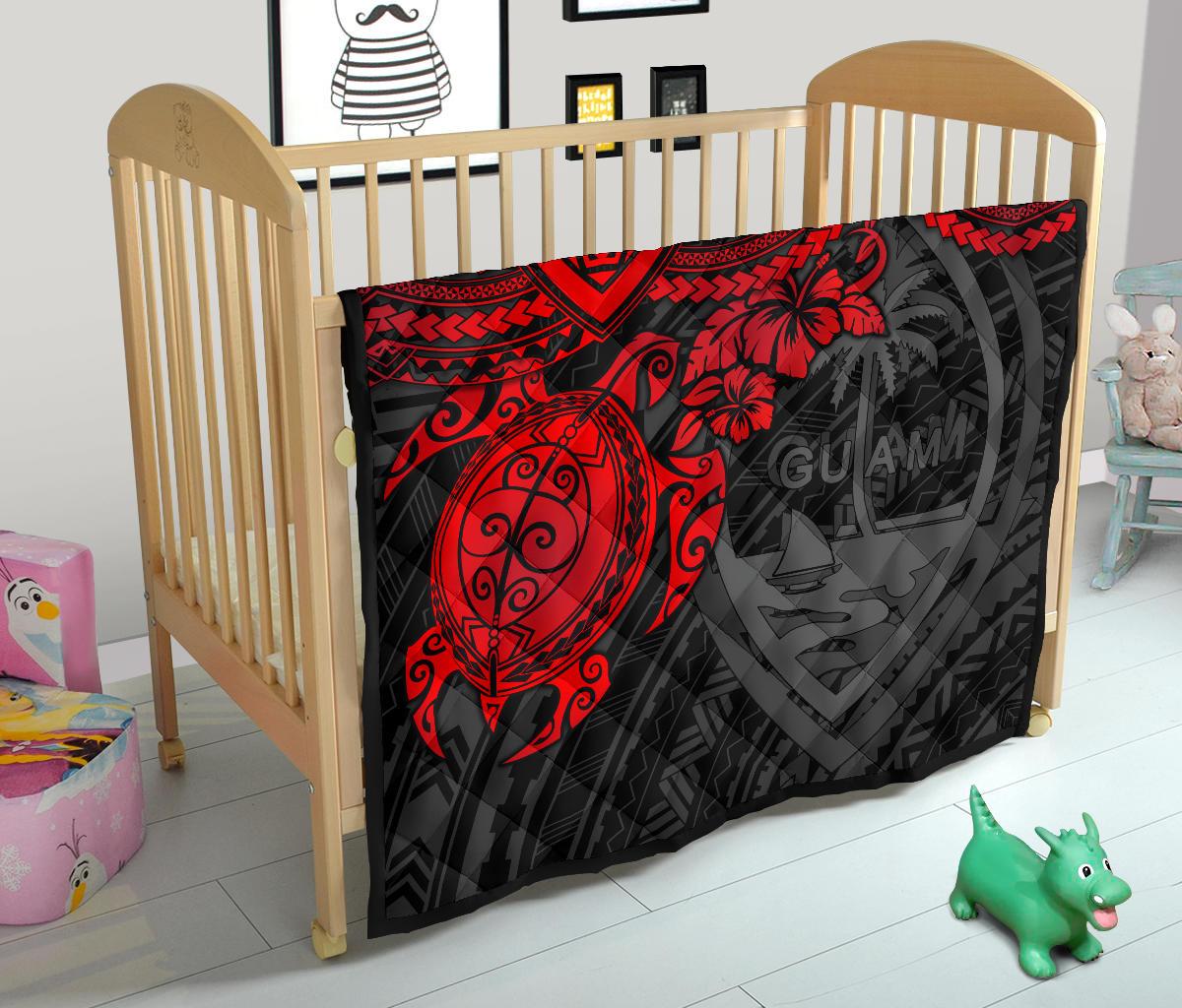 Guam Polynesian Premium Quilt - Guam Coat Of Arms & Red Turtle Hibiscus - Polynesian Pride