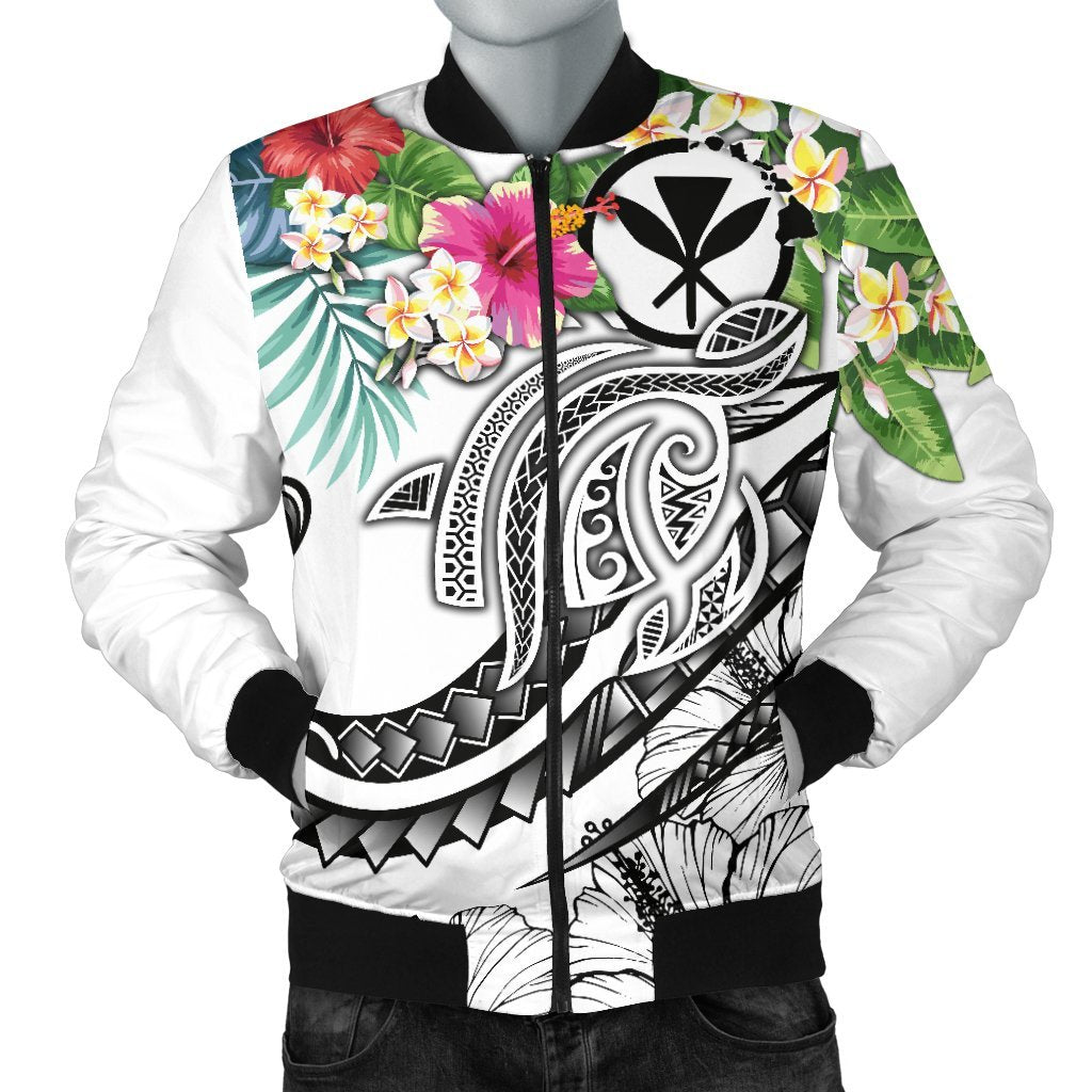 Polynesian Hawaii Kanaka Maoli Men's Bomber Jacket - Summer Plumeria (White) White - Polynesian Pride