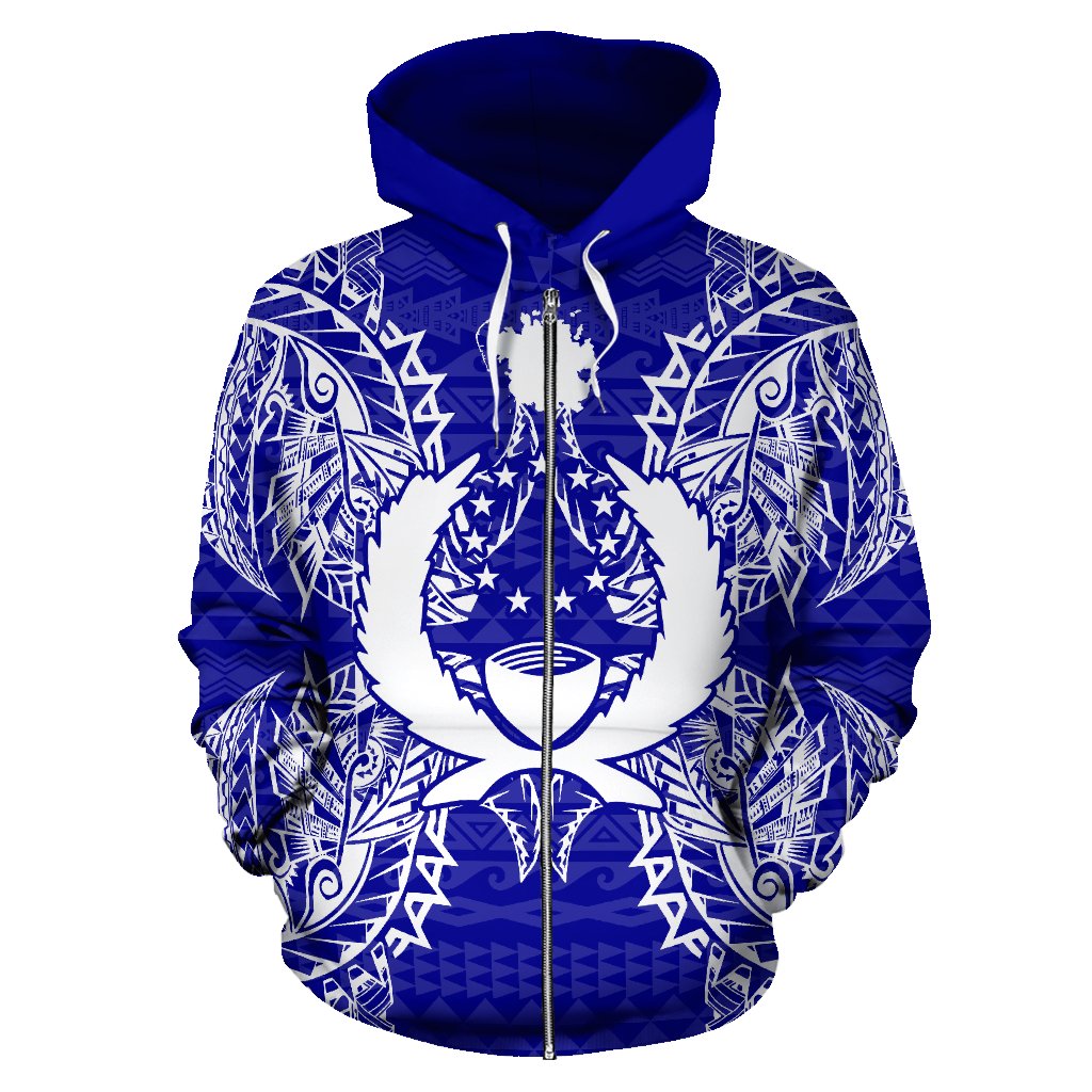 Pohnpei Polynesian All Over Zip up Hoodie Map Blue - Polynesian Pride