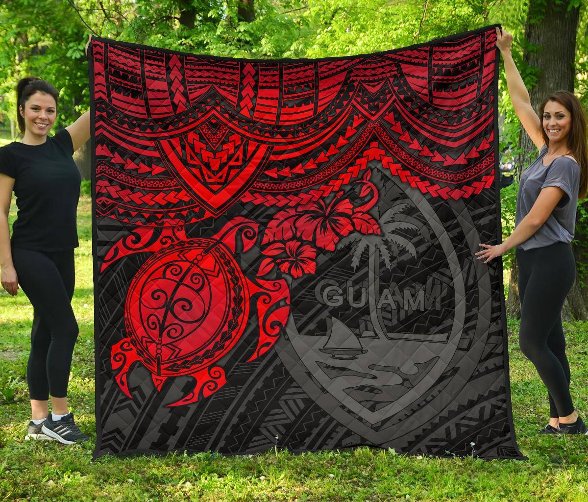 Guam Polynesian Premium Quilt - Guam Coat Of Arms & Red Turtle Hibiscus - Polynesian Pride